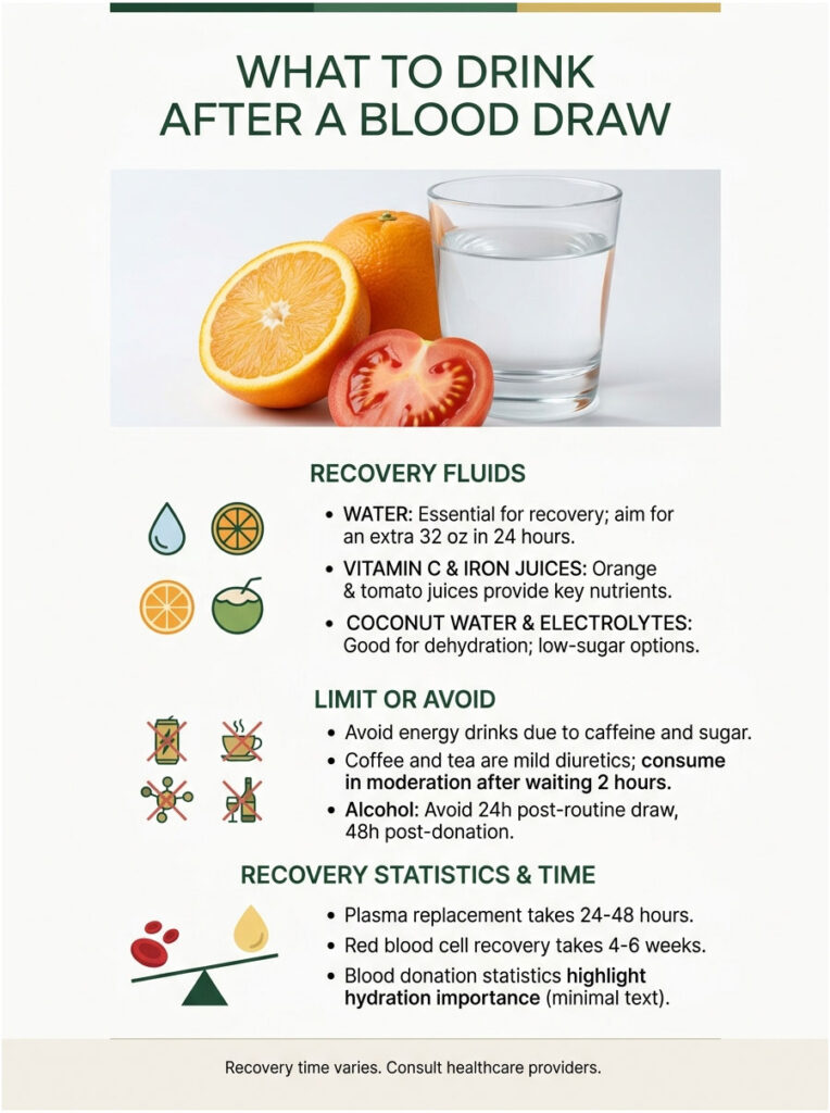 Infographic detailing recovery fluids and guidelines after a blood draw, featuring fruits and hydration tips.