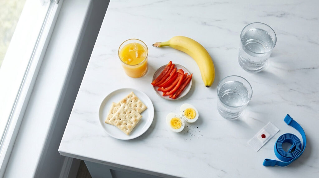 A healthy breakfast spread with eggs, crackers, red peppers, banana, orange juice, and water glasses on a marble table.
