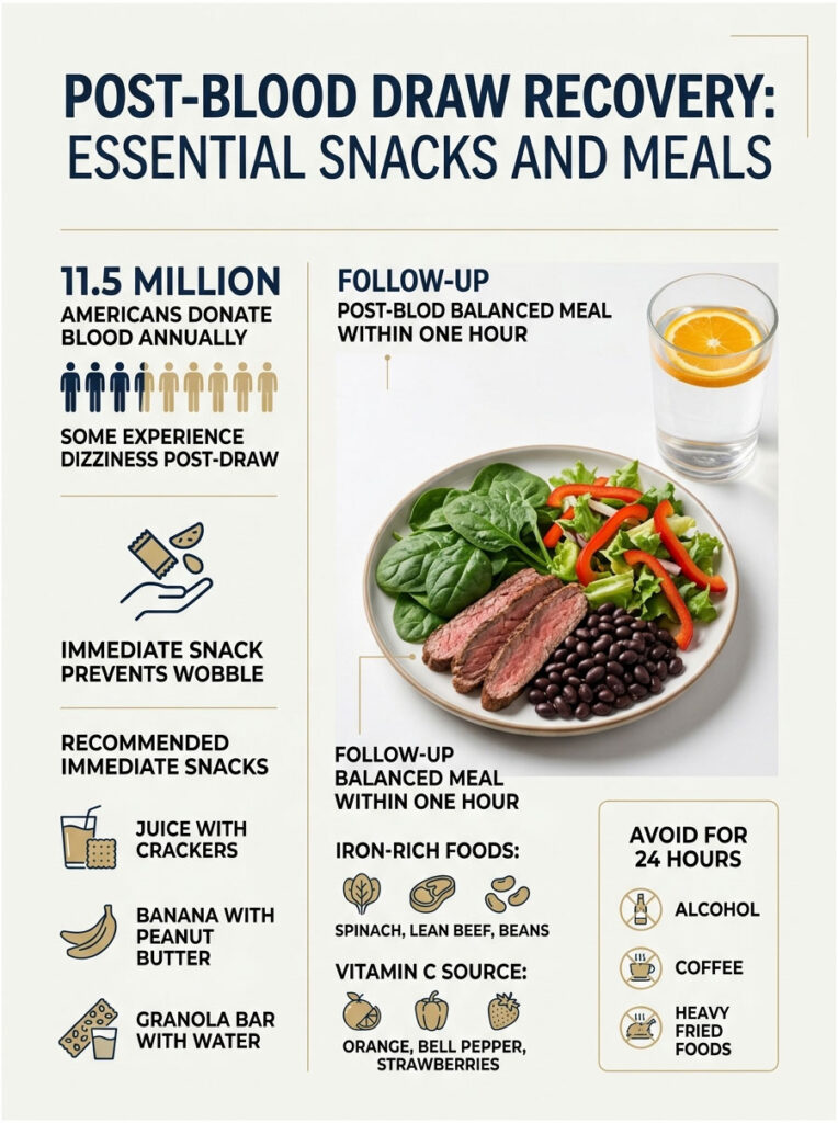 Infographic on post-blood draw recovery with recommended snacks, meals, and foods to avoid.