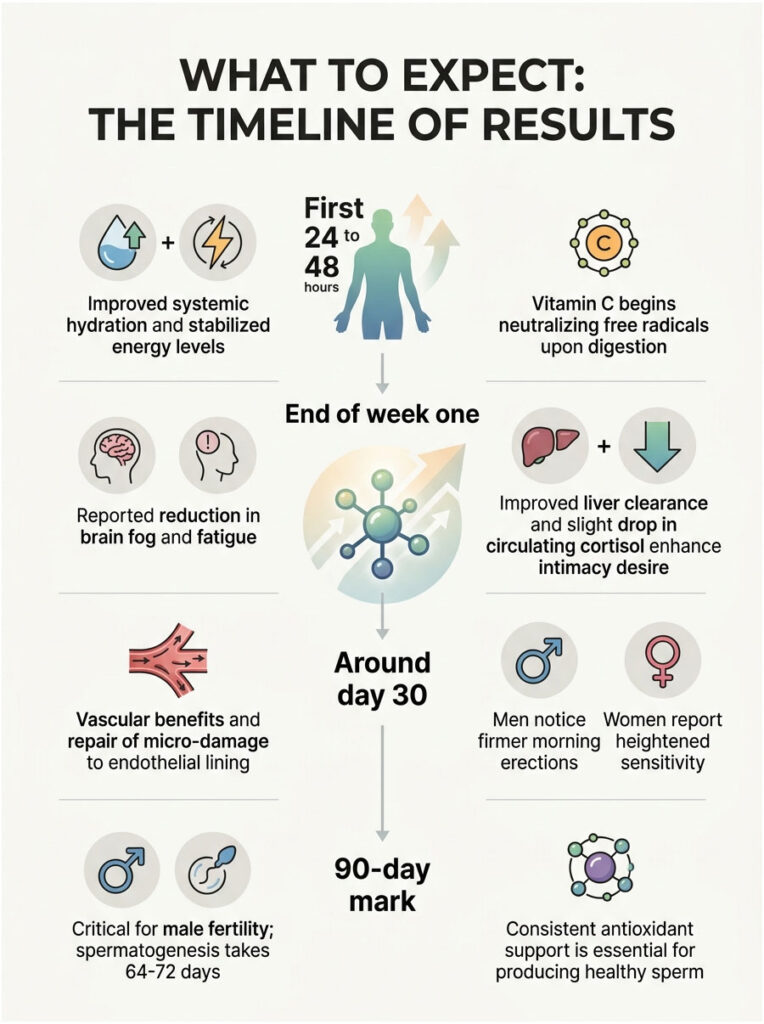 Infographic showing timeline of health results over 90 days with icons and text for hydration, energy, and fertility.