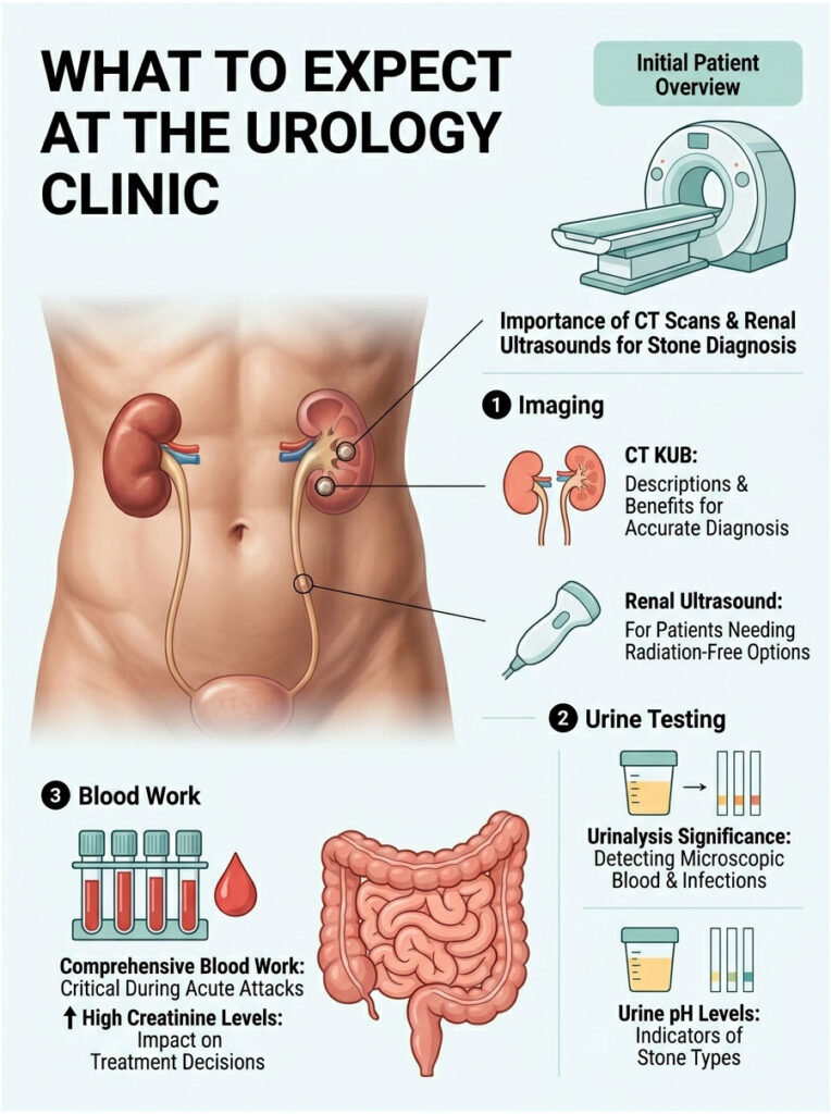 Infographic detailing urology clinic expectations, including imaging, blood work, and urine testing procedures.