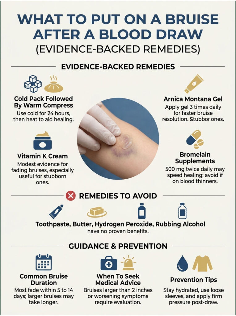 Infographic detailing remedies for bruises after blood draw, including evidence-backed treatments and precautions.
