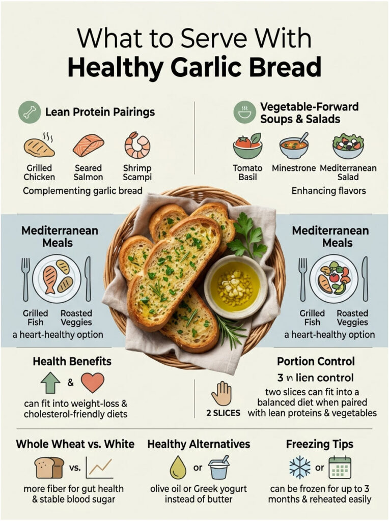 Infographic showing healthy garlic bread pairings with proteins, soups, salads, and health benefits.