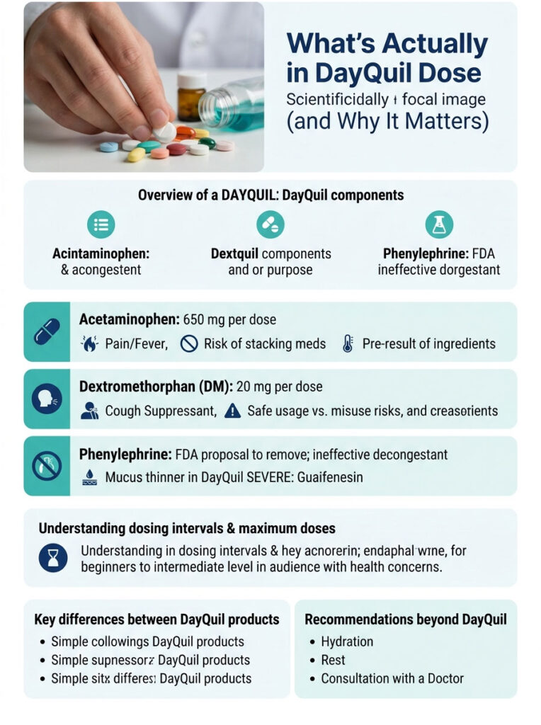 Infographic detailing DayQuil components, dosages, and recommendations for use and safety.