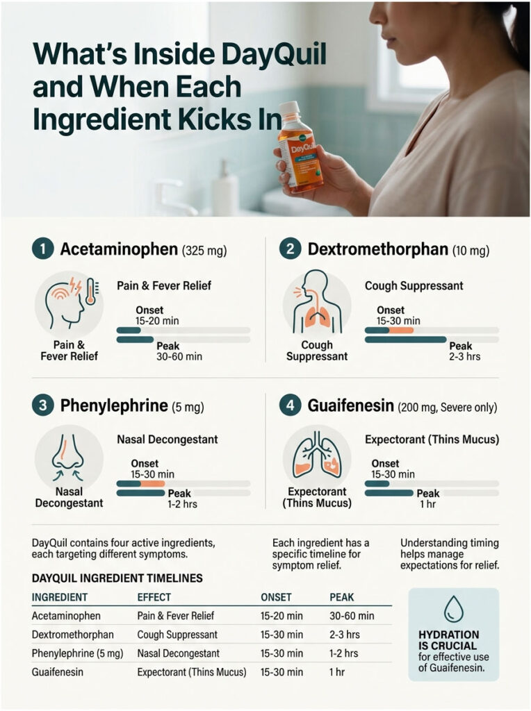 Infographic detailing DayQuil ingredients, effects, onset, and peak times for relief, featuring icons and charts.
