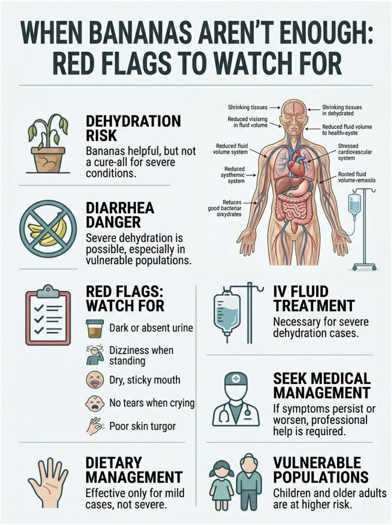 Infographic detailing dehydration risks, symptoms, and management strategies, including IV treatment and dietary management.