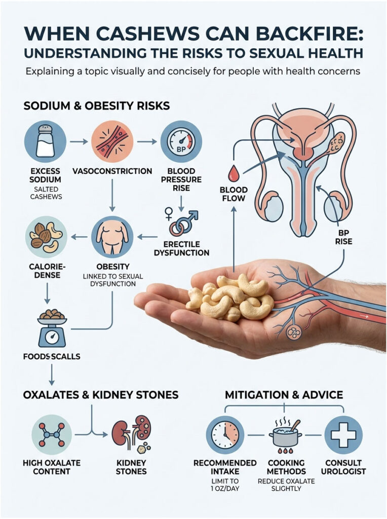 Infographic explaining risks of salted cashews to sexual health, featuring charts and icons about sodium, obesity, and kidney stones.