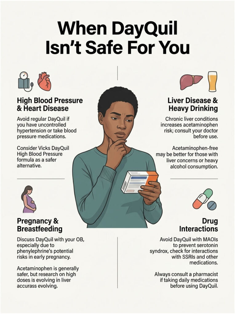 Infographic explaining when DayQuil isn't safe, highlighting health conditions and precautions with icons and illustrations.