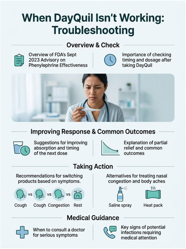 Infographic detailing troubleshooting tips for DayQuil, including FDA advisory, symptom management, and medical guidance.