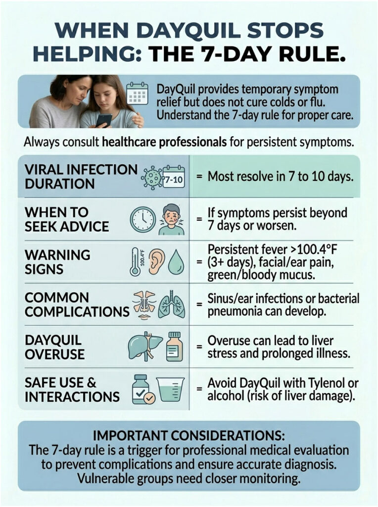 Infographic detailing the 7-day rule for DayQuil use, including symptoms, complications, and advice for seeking help.