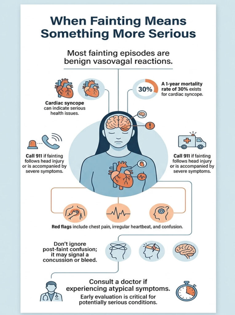 Infographic explaining fainting causes, symptoms, and when to seek medical help, featuring icons and statistics.
