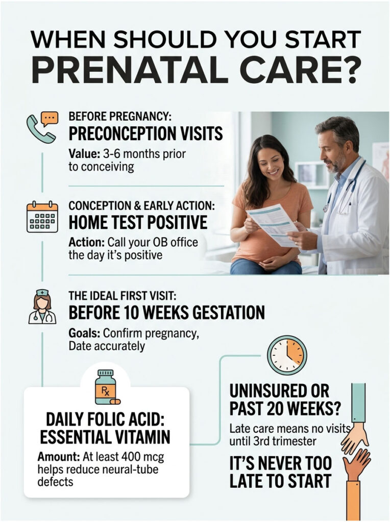 Infographic detailing prenatal care timeline with key actions and recommendations for expectant mothers.