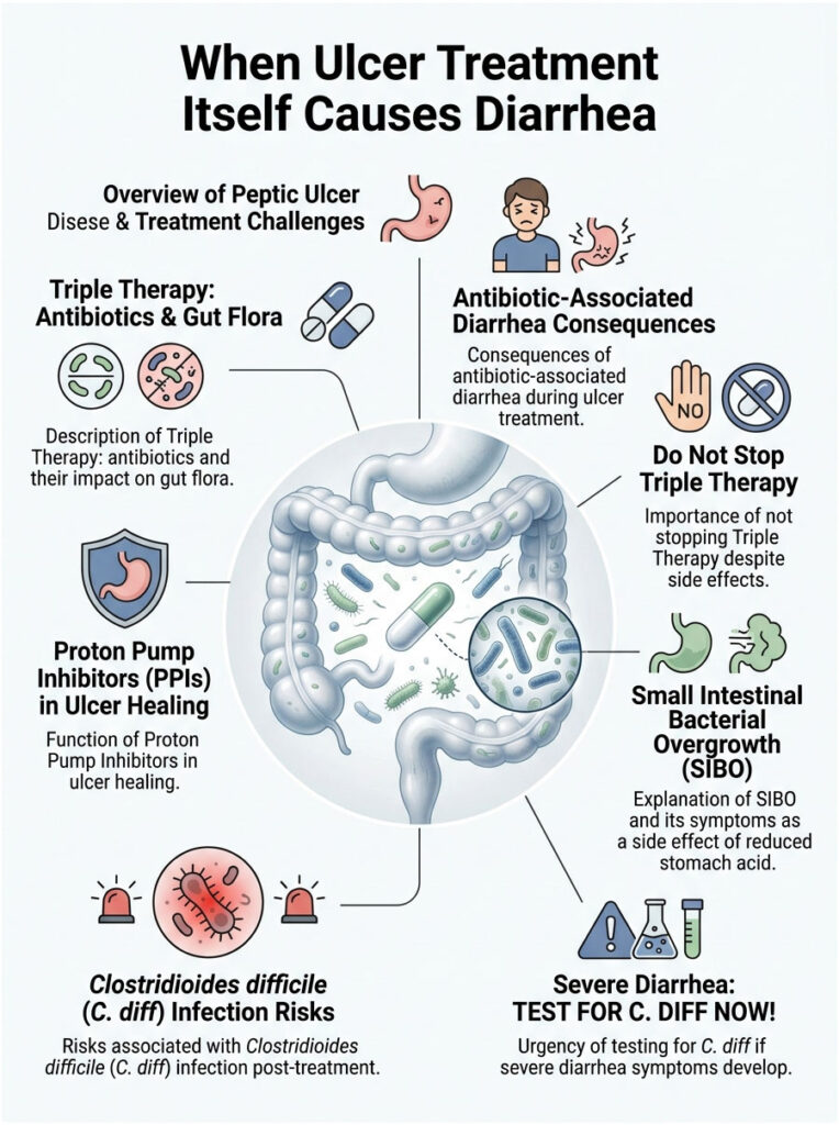 Infographic detailing peptic ulcer treatment challenges, including antibiotic effects and gut health issues.
