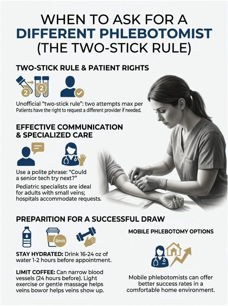 Infographic explaining when to ask for a different phlebotomist, featuring tips and patient rights.