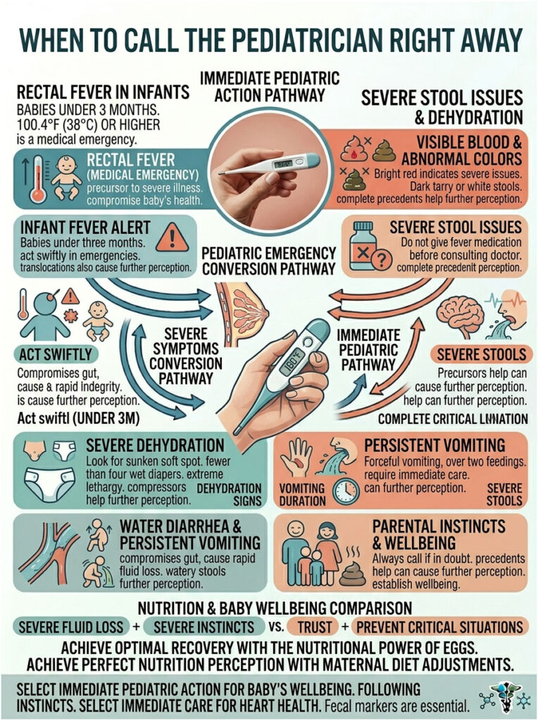 Infographic detailing when to call a pediatrician, including symptoms like fever, dehydration, and vomiting.