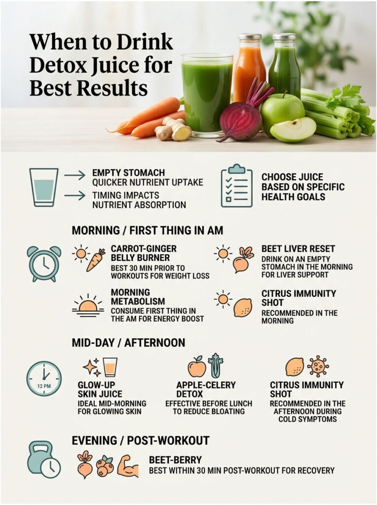 Infographic showing when to drink detox juice for best results, with tips for morning, mid-day, and evening.