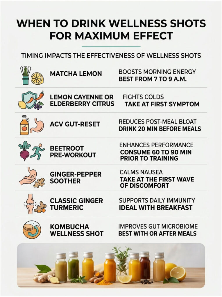 Infographic detailing wellness shots timing for maximum effect with text and illustrated icons for each shot.