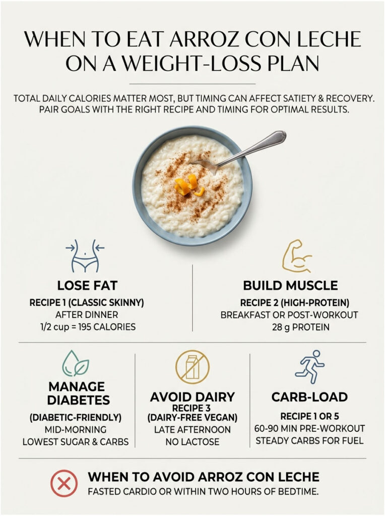 Infographic detailing when to eat Arroz con Leche for weight loss, featuring recipes and calorie information.