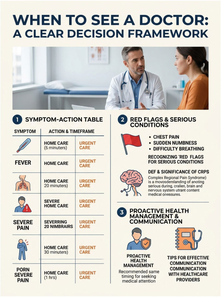 Infographic detailing when to see a doctor, including symptom-action table and red flags for serious conditions.