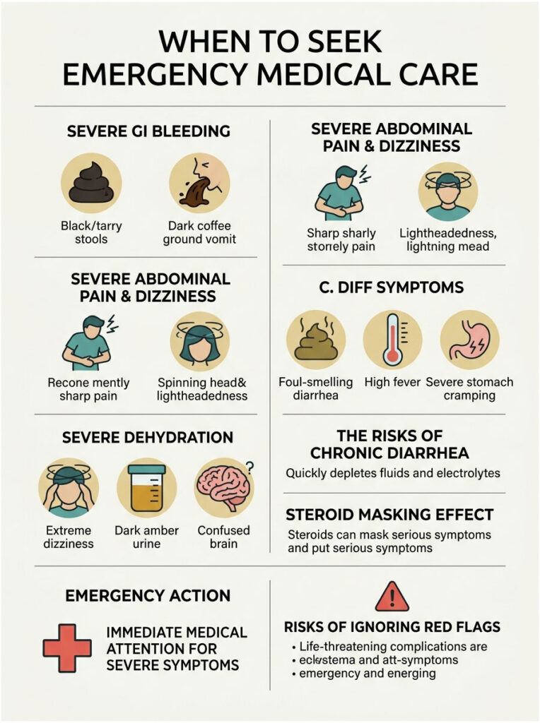Infographic detailing when to seek emergency medical care with symptoms and actions listed.