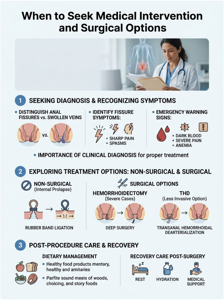 Infographic detailing when to seek medical intervention for anal fissures and treatment options, including symptoms and recovery.
