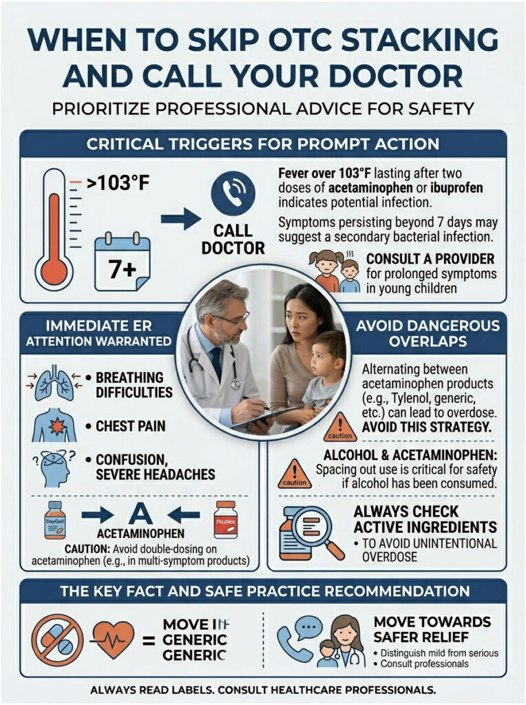 Infographic detailing when to skip OTC stacking and call a doctor, featuring symptoms and recommendations.