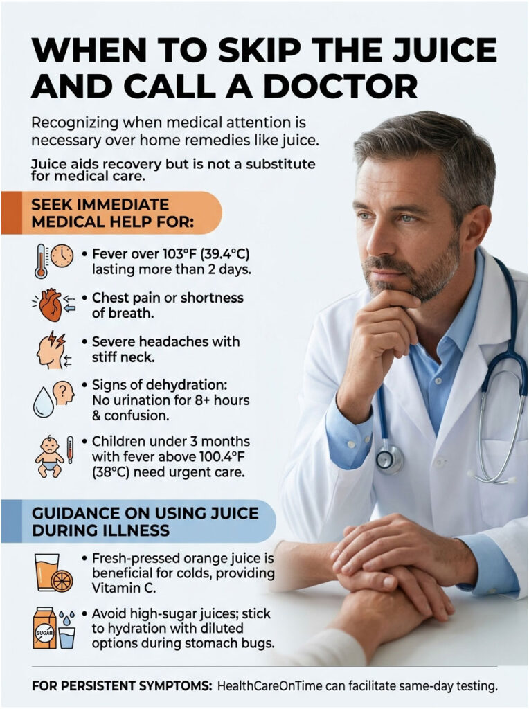 Infographic detailing when to seek medical help over juice remedies, with icons and health guidelines.