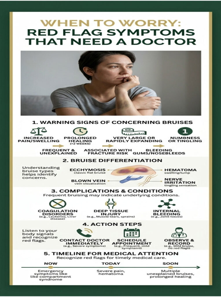 Infographic detailing red flag symptoms needing a doctor, including bruising signs, complications, and action steps.