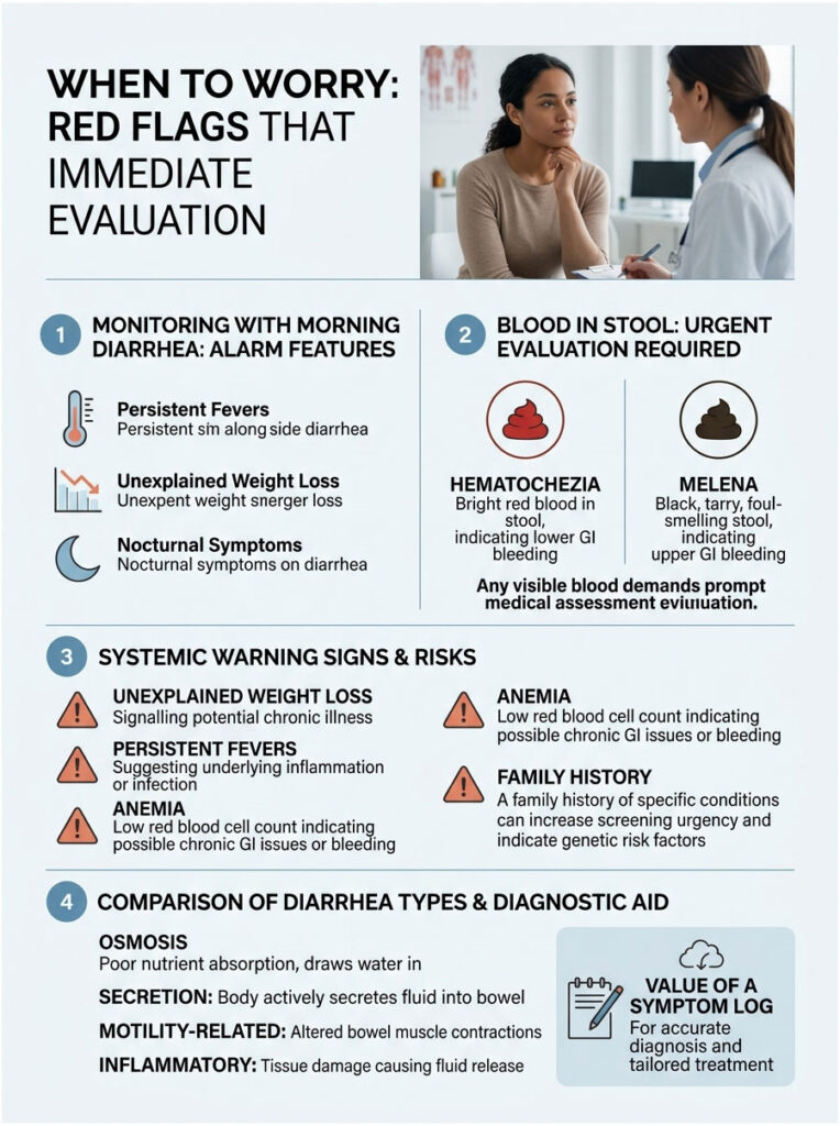 Infographic detailing red flags for morning diarrhea, including symptoms and evaluation criteria.