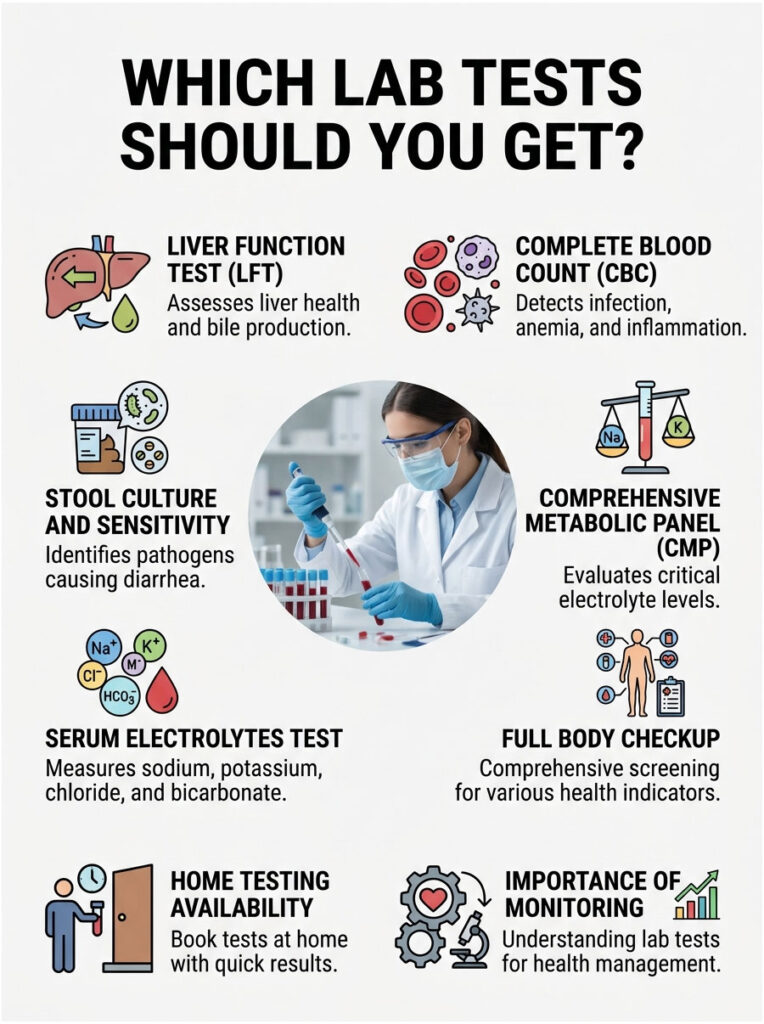 Infographic showing various lab tests: LFT, CBC, stool culture, CMP, serum electrolytes, full body checkup, home testing availability.