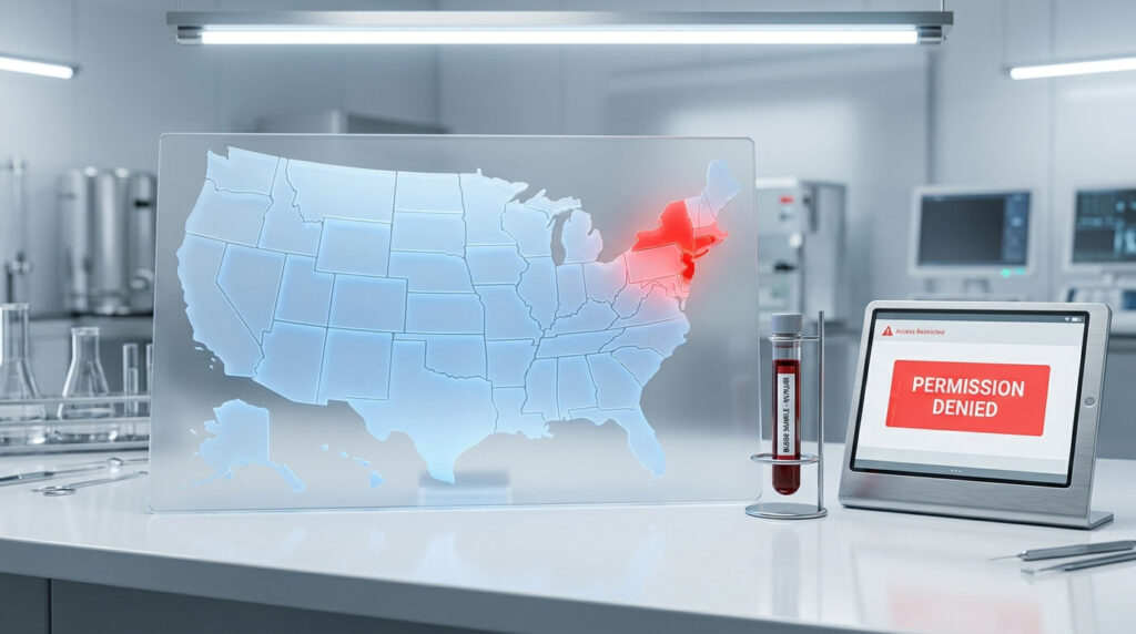 A translucent map of the USA highlights the Northeast in red, with a tablet displaying "Permission Denied" and a test tube nearby.