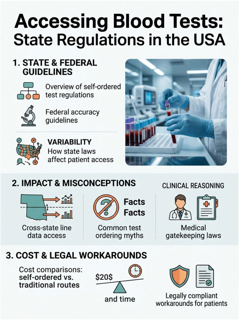 Infographic detailing state regulations for blood tests, including guidelines, impact, and cost comparisons.