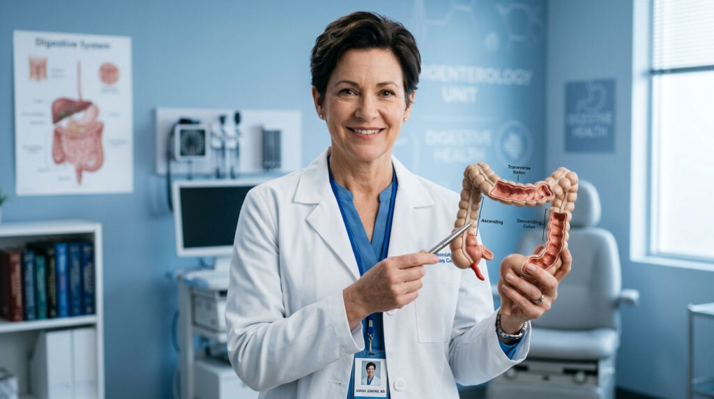 A smiling female doctor holds a model of the digestive system in a medical office setting.