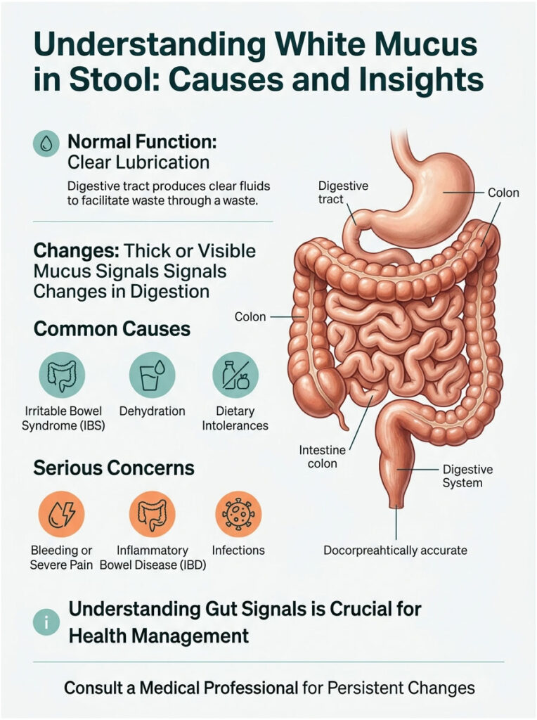Infographic explaining white mucus in stool, detailing causes, digestive function, and health concerns.