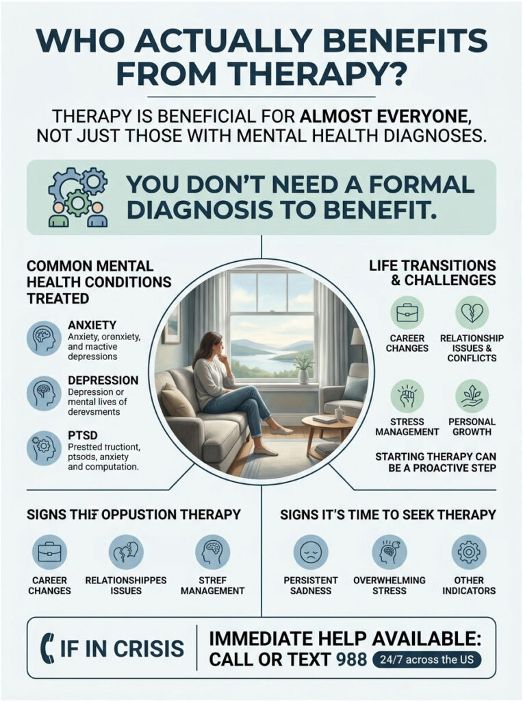 Infographic showing benefits of therapy, including common mental health conditions and signs to seek help.