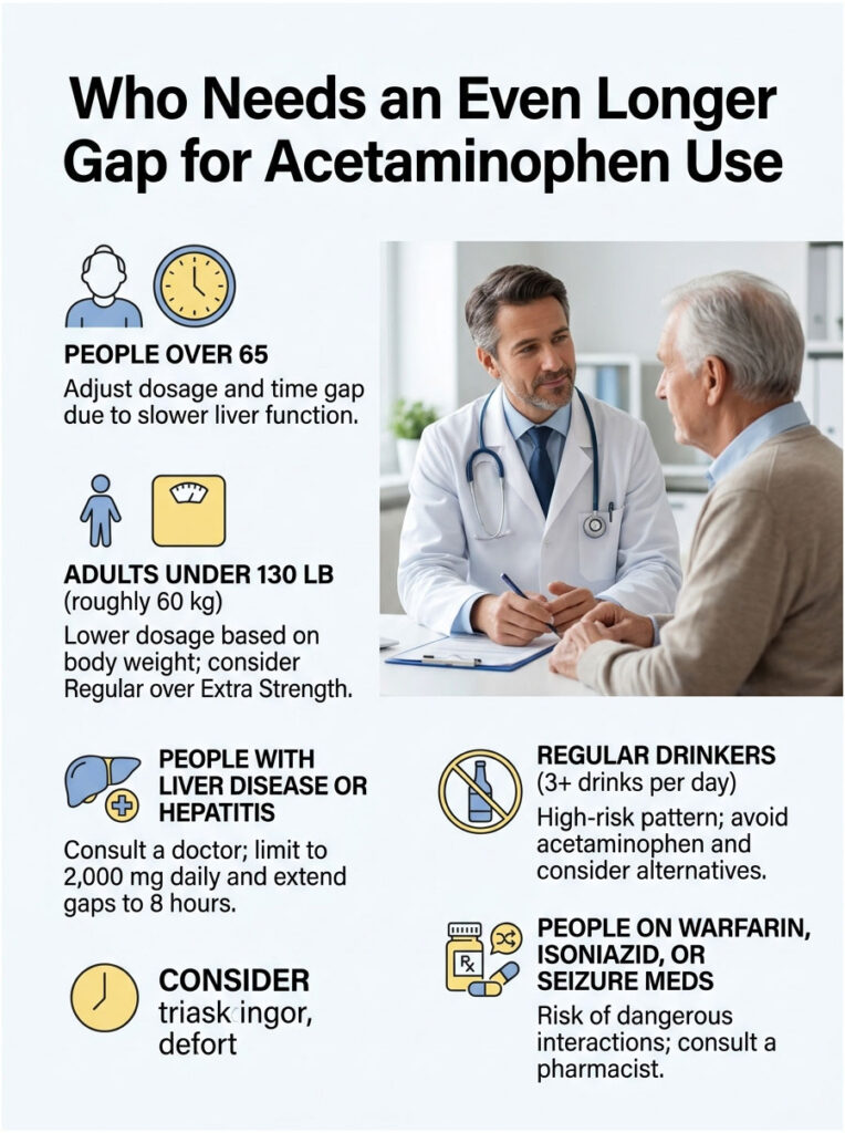 Infographic detailing acetaminophen use guidelines for specific groups, including elderly and liver disease patients.