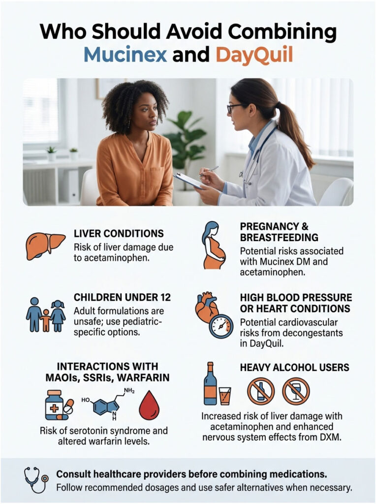 Infographic detailing who should avoid combining Mucinex and DayQuil, including risks for various conditions.