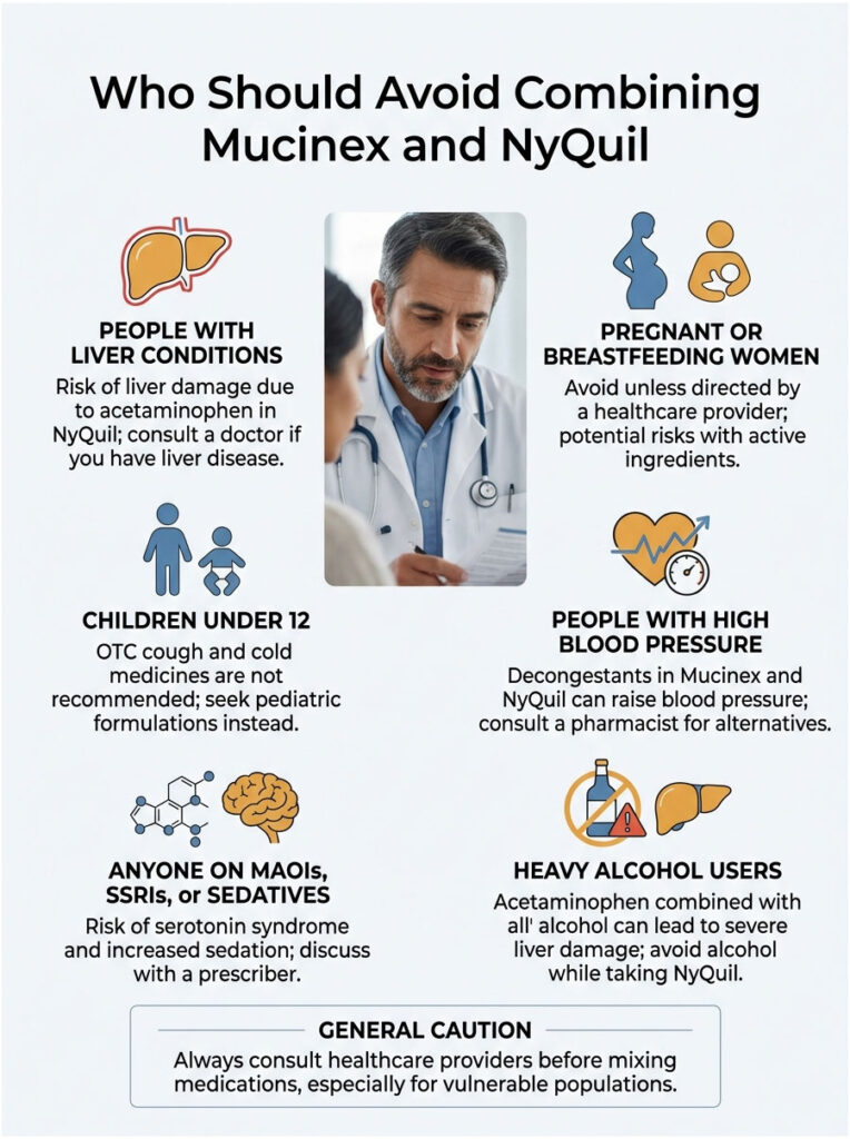 Infographic detailing groups to avoid combining Mucinex and NyQuil, including icons and health warnings.