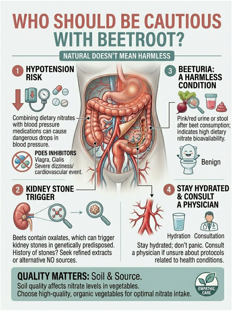 Infographic showing health risks of beetroot consumption, including hypotension, kidney stones, and hydration advice.