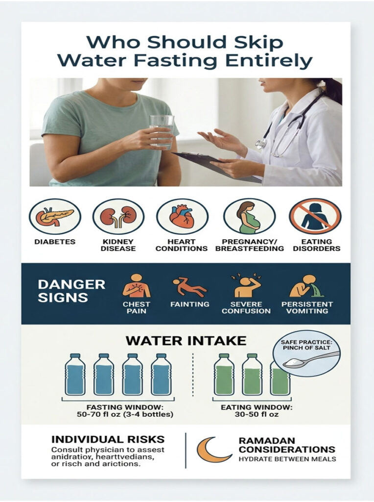 Infographic detailing who should skip water fasting, including danger signs and water intake recommendations.