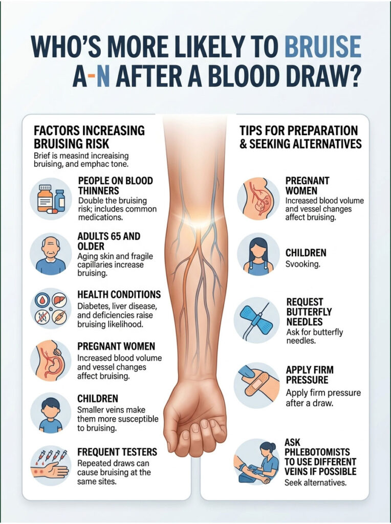 Infographic detailing factors increasing bruising risk after blood draws and tips for preparation and alternatives.