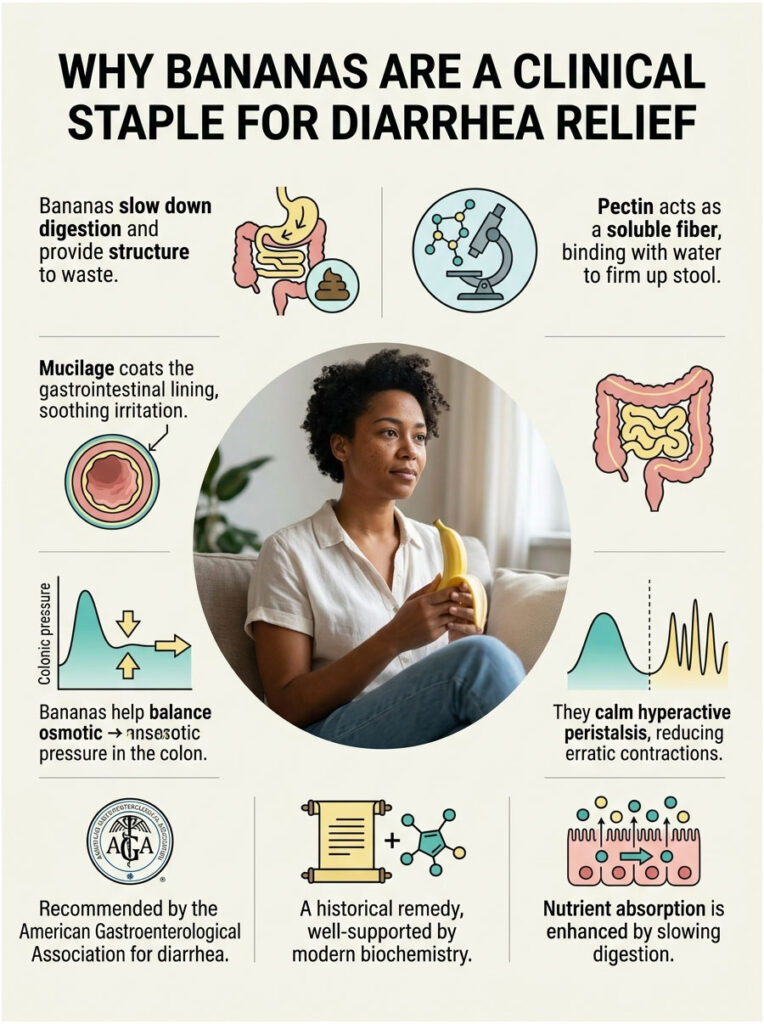 Infographic explaining how bananas aid diarrhea relief with text, illustrations, and a woman holding a banana.