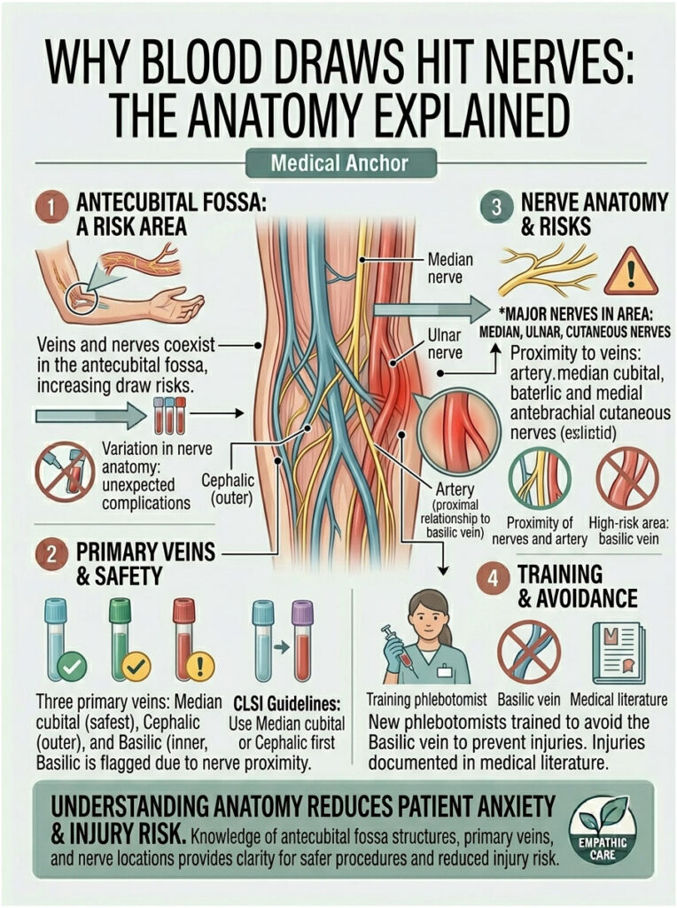 Infographic explaining blood draw risks in the antecubital fossa, featuring anatomy, veins, and training tips.