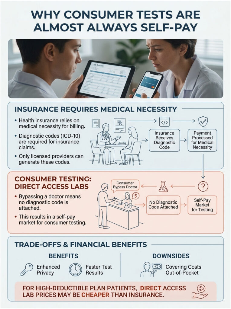 Infographic explaining why consumer tests are self-pay, detailing insurance requirements and direct access labs.