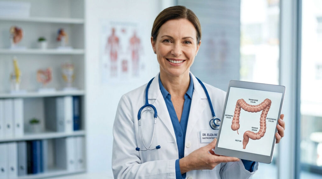 A smiling female doctor holds a tablet displaying a diagram of the human colon in a medical office.