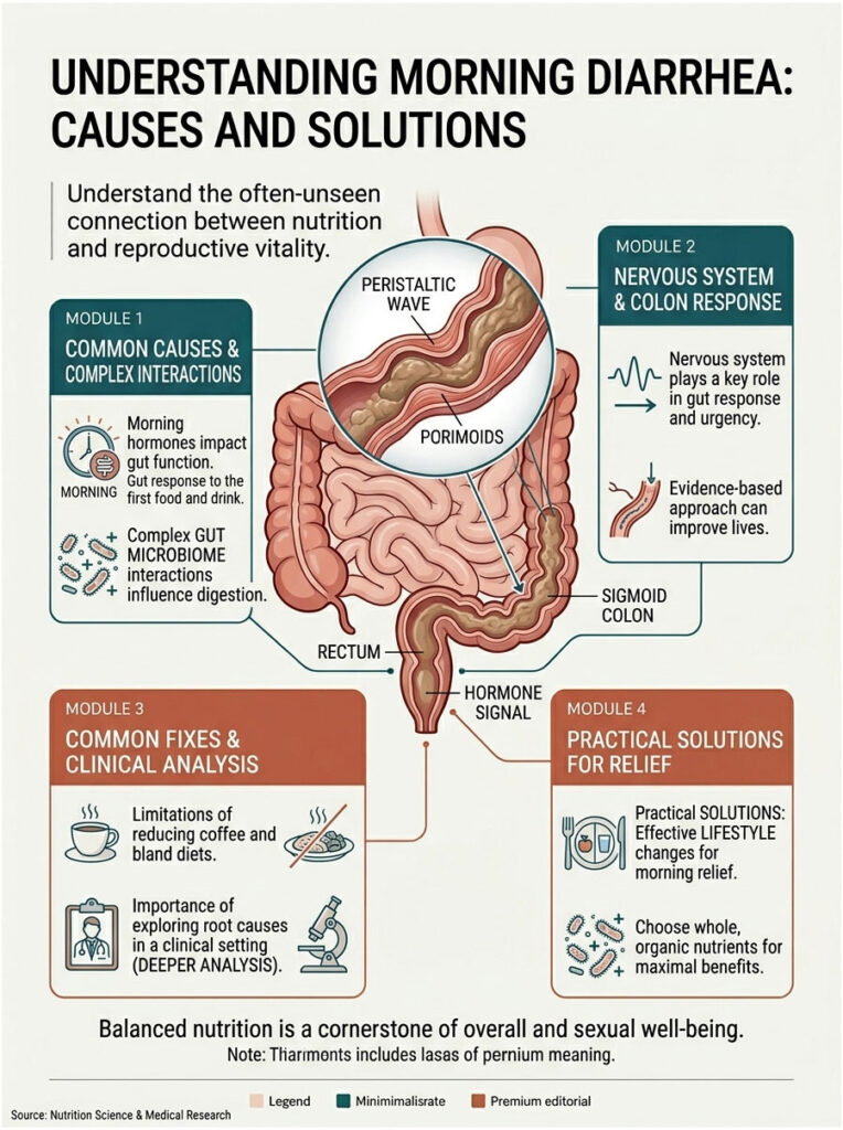 Infographic explaining morning diarrhea causes, solutions, and gut interactions with labeled diagrams and modules.