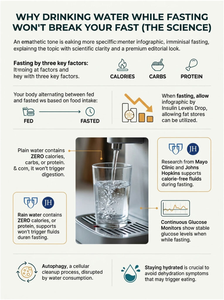 Infographic explaining why drinking water during fasting doesn't break a fast, highlighting key factors and research.