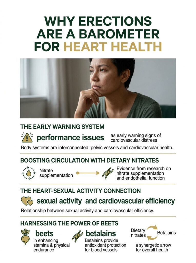 Infographic explaining the link between erections and heart health, featuring text and icons about dietary nitrates and beets.