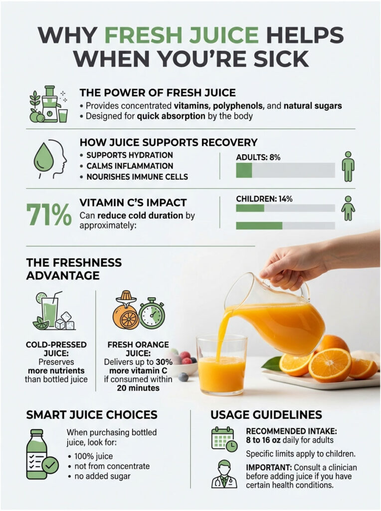 Infographic explaining benefits of fresh juice when sick, highlighting vitamin C impact and recovery support.