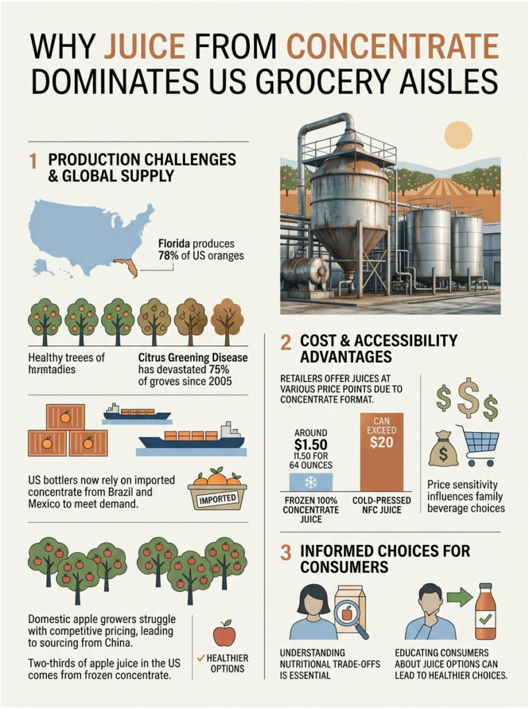 Infographic showing why juice from concentrate dominates US grocery aisles, highlighting production challenges and costs.